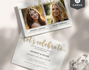 Plantilla de invitación para fiesta de graduación dual editable, gemelos unidos, varios graduados, tarjeta fotográfica personalizada minimalista moderna, escuela secundaria universitaria