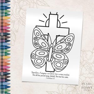 Página para colorir de Páscoa cristã para impressão, folha para colorir de cruz de borboleta, pré-escola, jardim de infância, creche, educação domiciliar, carta e PDF A4