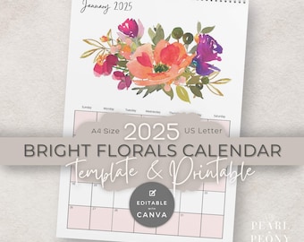 2025 Calendar Printable Editable Floral, DIY Holiday Gift, Portrait Monthly Pages, Watercolor Flowers, Sunday Start, US Letter & A4 Size PDF