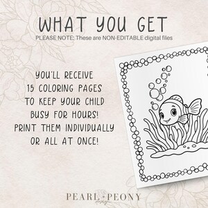 Puede incluir: P&aacute;ginas para colorear digitales con una ilustraci&oacute;n de un pez. El texto dice "QU&Eacute; OBTIENES" y "RECIBIR&Aacute;S 15 P&Aacute;GINAS PARA COLOREAR PARA MANTENER A TU HIJO OCUPADO DURANTE HORAS! &iexcl;IMPR&Iacute;MELAS INDIVIDUALMENTE O TODAS A LA VEZ!"