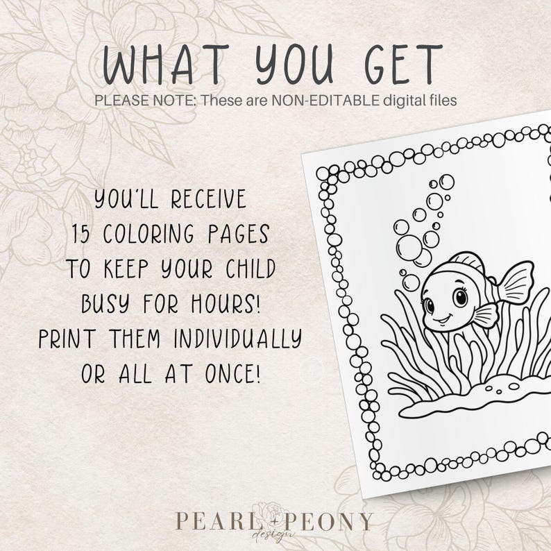 Puede incluir: P&aacute;ginas para colorear digitales con una ilustraci&oacute;n de un pez. El texto dice "QU&Eacute; OBTIENES" y "RECIBIR&Aacute;S 15 P&Aacute;GINAS PARA COLOREAR PARA MANTENER A TU HIJO OCUPADO DURANTE HORAS! &iexcl;IMPR&Iacute;MELAS INDIVIDUALMENTE O TODAS A LA VEZ!"