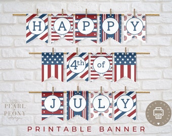 PRINTABLE 4th of July Banner, Independence Day Decor, Stars and Stripes Garland, Red White and Blue, American Flag Patriotic Party Decor DIY