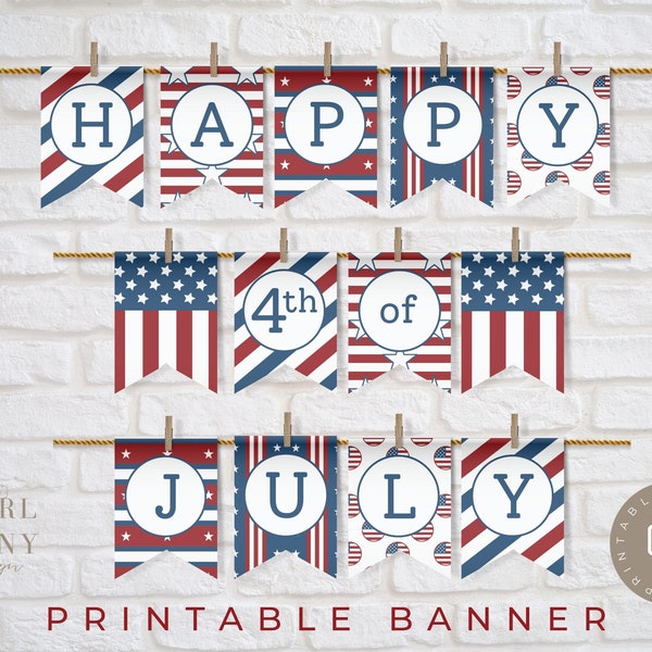 PRINTABLE 4th of July Banner, Independence Day Decor, Stars and Stripes Garland, Red White and Blue, American Flag Patriotic Party Decor DIY
