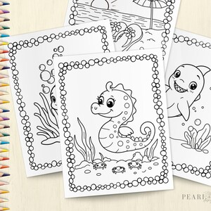 Puede incluir: Un conjunto de p&aacute;ginas para colorear en blanco y negro con escenas submarinas. Las ilustraciones incluyen un caballito de mar, un tibur&oacute;n y otras criaturas marinas. Cada p&aacute;gina tiene un borde decorativo de c&iacute;rculos, listas para colorear.