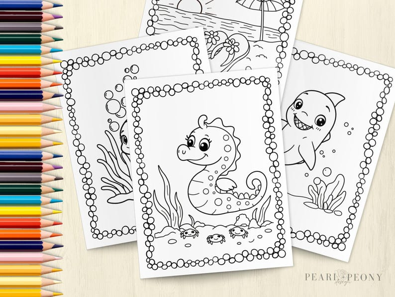 Puede incluir: Un conjunto de p&aacute;ginas para colorear en blanco y negro con escenas submarinas. Las ilustraciones incluyen un caballito de mar, un tibur&oacute;n y otras criaturas marinas. Cada p&aacute;gina tiene un borde decorativo de c&iacute;rculos, listas para colorear.