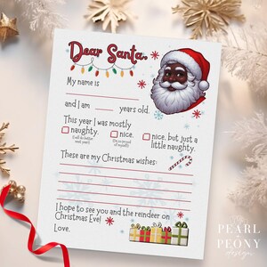 DRUCKBARE Brief an schwarze Weihnachtsmann, Kinder Weihnachtswunschliste, Urlaub Geschenkliste, Weihnachtsaktivität für Kinder, afroamerikanische Weihnachtsmann Brief