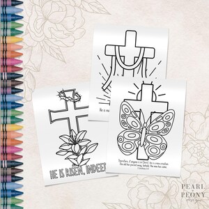 Pacote de páginas para colorir de Páscoa cristã para impressão, cruz, ele ressuscitou, versículo bíblico, artesanato, pré-escola, jardim de infância, creche, carta dos EUA e A4
