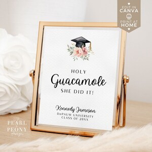 EDITABLE Graduation Party Taco Bar Sign Template, Feminine Peach Floral Holy Guacamole Decoration, DIY Printable Custom Graduation, Canva