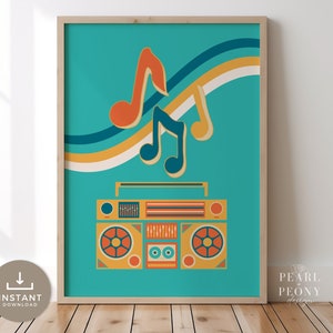 STAMPABILE Teal Preppy Retro Boom Box Wall Art, Decorazione della parete massimalista, Decorazione del poster della stanza del dormitorio, Arte della parete per ragazze, Groovy Bar Cart Art, Scarica