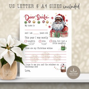 Carta IMPRIMIBLE a Papá Noel negro, Lista de deseos de Navidad para niños, Lista de regalos navideños, Actividad navideña para niños, Carta de Papá Noel afroamericano
