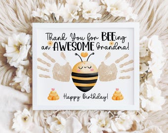 PRINTABLE Happy Birthday Handprint Art Craft for Grandma, Honey Bee Gift from Kids Children Toddler Baby Keepsake, DIY Card, PDF Letter & A4