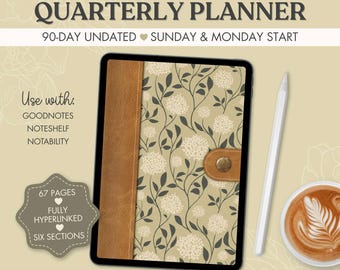 90-Day Digital Planner, Floral Trailing Hydrangea, Undated Quarterly Planner, Sunday and Monday Start, PDF for Goodnotes