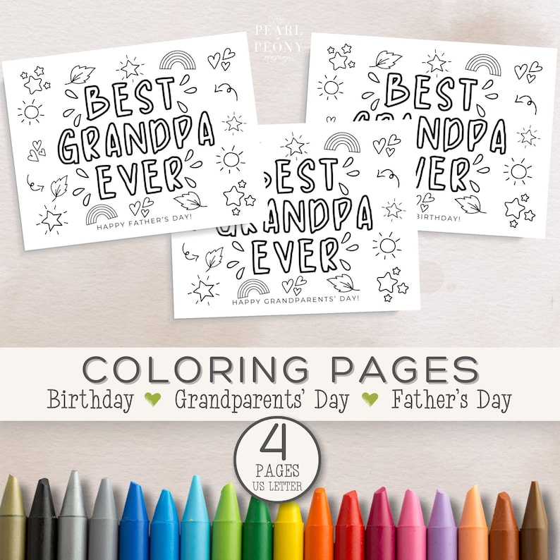 May include: Four black and white colouring pages featuring the text "Best Grandpa Ever" with different designs for Father's Day, Grandparents' Day, and Birthday. The pages are designed for A4 size paper.
