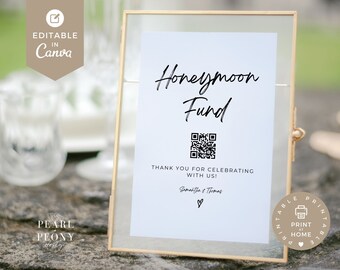 Honeymoon Fund QR code Sign Template | Wishing Well QR code | Honeymoon Wish Sign | Wedding Cash Registry | Modern Minimalist Wedding |Canva