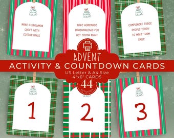 May include: Advent activity and countdown cards. The cards are US Letter and A4 size, 4"x6". The cards have a red, green, and white color scheme. The cards are hanging from a string with wooden clips. The cards have activities like "Make a snowman craft with cotton balls."