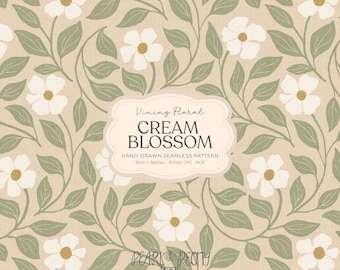 Hand-Drawn Cream Floral Pattern JPG, Sage Green Vines on Warm Beige Linen, Cream Blossom