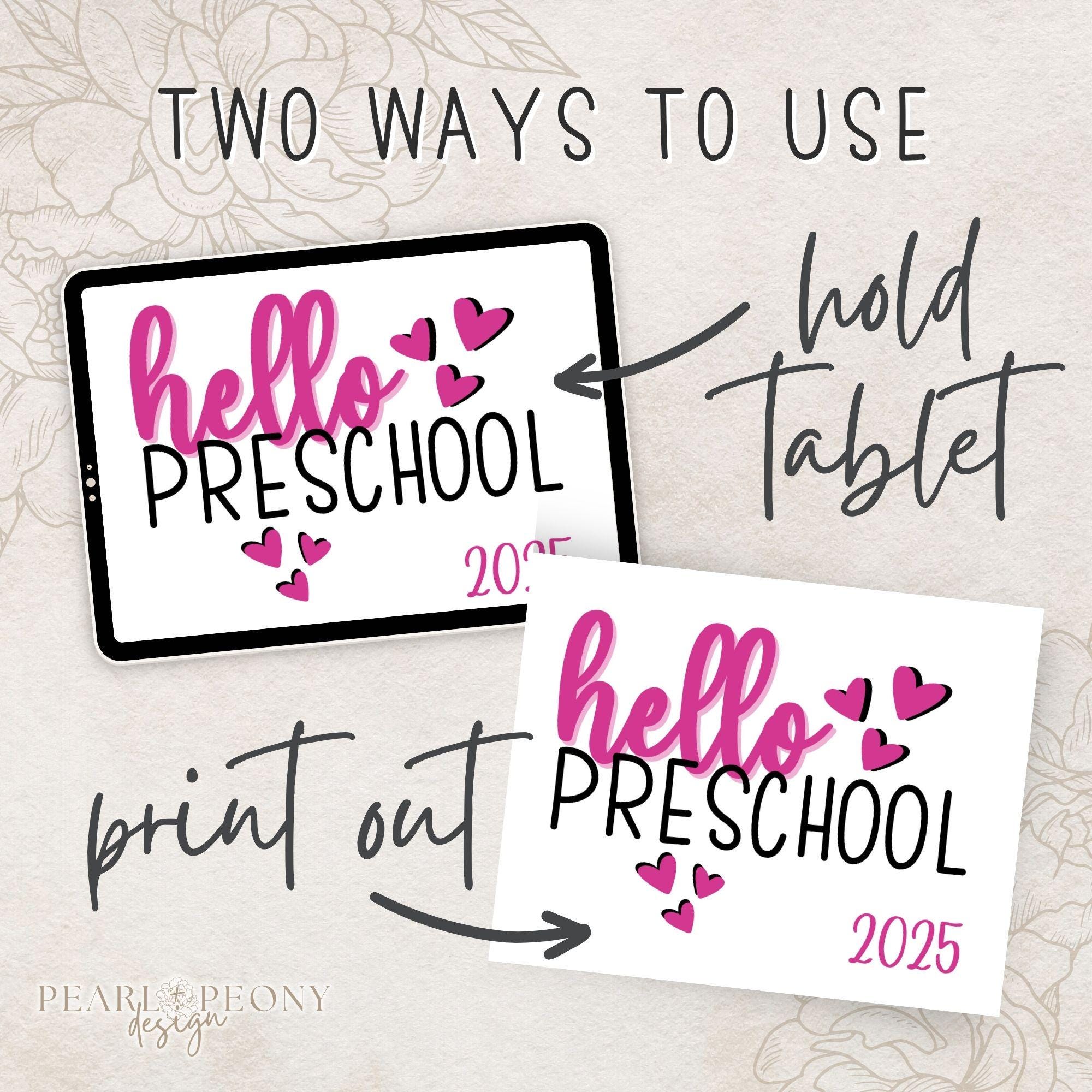 PRINTABLE Pink Preppy First Day of Preschool, Hello Preschool Sign ...