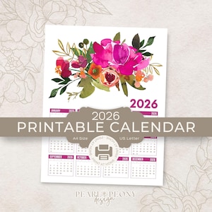 Puede incluir: Calendario imprimible de 2026 con un diseño floral en acuarela en tonos rosa, naranja y verde. El calendario muestra el año 2026 y el texto "PRINTABLE CALENDAR". Disponible en tamaño A4 y US Letter, para imprimir en casa.