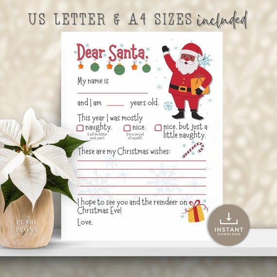 PRINTABLE Letter to Black Santa, Kids Christmas Wish List, Holiday
