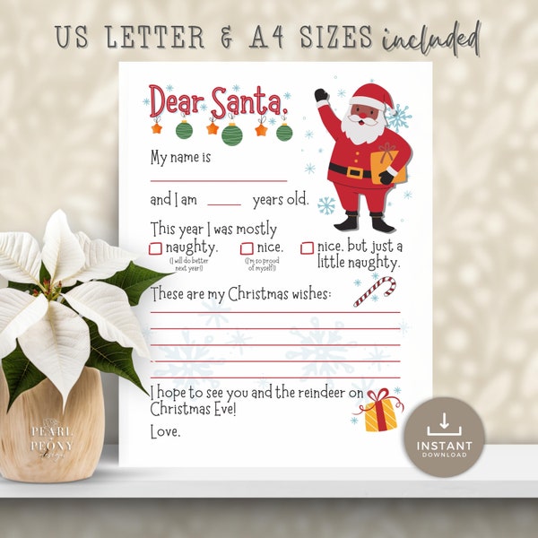 PRINTABLE Letter to Black Santa, Kids Christmas Wish List, Holiday Gift List, Christmas Activity for Children, African American Santa Letter