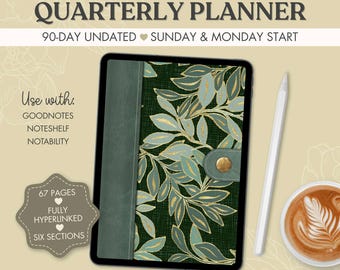 90-Day Digital Planner, Botanical Leaves Undated Quarterly Planner, Sunday and Monday Start, Hyperlinked PDF for Goodnotes