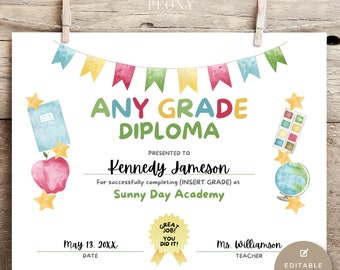 EDITABLE Graduation Diploma Template for Any Grade, Printable Custom Graduation Certificate, Teacher Resource, US Letter Size, Edit in Canva
