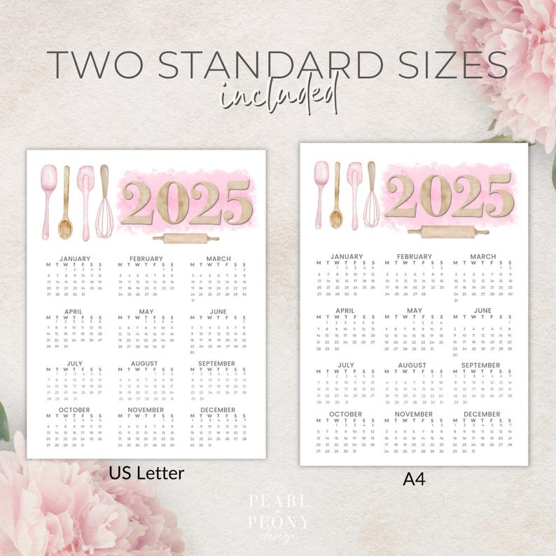 PRINTABLE 2025 Watercolor Pink Baking Utensilscalendar, Girlie Home