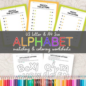 Hojas de trabajo imprimibles para aprender las letras del alfabeto, combinar mayúsculas y minúsculas, para colorear, para niños en edad preescolar, educación en casa, jardín de infantes, letras y PDF A4.