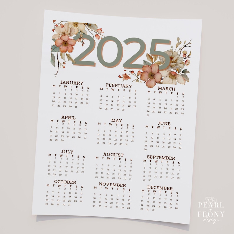PRINTABLE 2025 Boho Watercolor Floral Calendar, Neutral Home Office