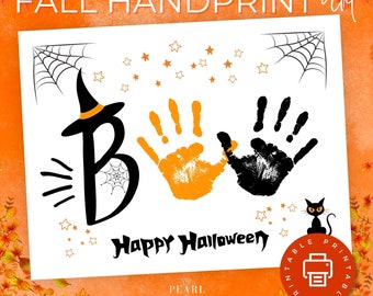 May include: Printable Halloween handprint art with the word "Boo" in black with a witch's hat, two handprints, one orange and one black, and the text "Happy Halloween".