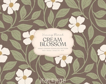 Hand-Drawn Cream Floral Pattern JPG, Sage Green Vines on Deep Mocha Brown Linen, Cream Blossom
