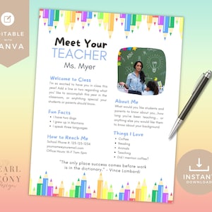EDITABLE Conozca la plantilla del maestro, Folleto de regreso a la escuela, Newssetter para maestros, Plantilla de carta para maestros de regreso a la escuela, Descarga instantánea, Canva