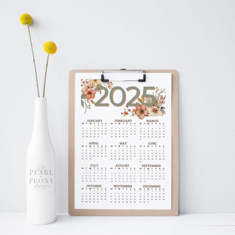 PRINTABLE 2025 Boho Watercolor Floral Calendar, Neutral Home Office