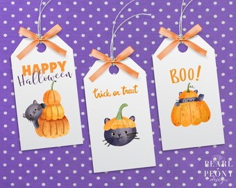 PRINTABLE Halloween Gift Tag, Classroom Trick or Treat Favor Bag Tag, Cat Treat Tag, Halloween Favor Tags Light, Happy Halloween Party
