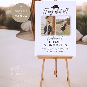 May include: White graduation party sign with black text that reads "They did it!" and "Welcome to Chase & Brooke's Graduation Party Class of 20XX". The sign has two photos of graduates, one male and one female, with their high school names below each photo.