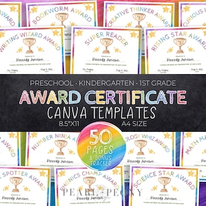 Plantillas editables de Canva para certificados de fin de curso, premios personalizables para preescolar, jardín de infantes y primer grado, tamaño carta (EE. UU.) y A4.