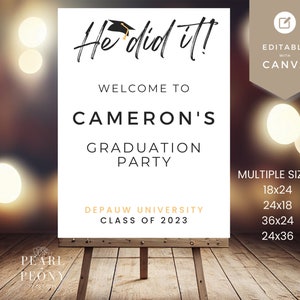 Modèle de plaque de bienvenue pour la fête de remise des diplômes | Il l&#39;a fait signe de fête | Signe de l&#39;obtention du diplôme 2023 | Panneau modifiable | Fête de remise des diplômes imprimable