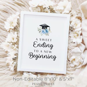 May include: A white framed print with the text "A Sweet Ending To A New Beginning". The top of the print features a graduation cap and blue floral design. The print is available in 8"x10" and 5"x7" sizes.
