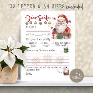 DRUCKBARE Brief an den Weihnachtsmann, Kinderwunschliste, Weihnachtsgeschenkliste, Weihnachtsaktivität für Kinder, Lieber Santa Letter, US Letter & A4