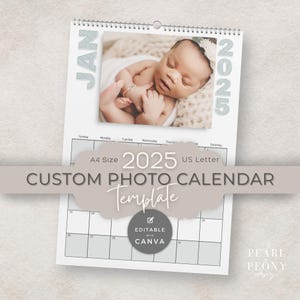 Modelo de calendário de fotos personalizado 2025, páginas mensais personalizadas, modelo Canva faça você mesmo, presente de lembrança para mãe, avó, professora, carta dos EUA e A4