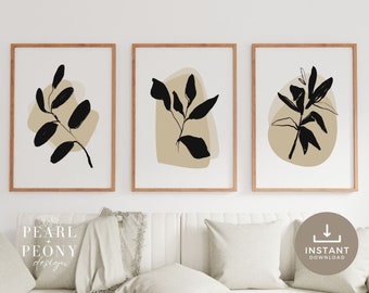 Arte de pared imprimible botánico boho, conjunto de 3 impresiones beige, impresiones de arte neutro abstracto, decoración de pared minimalista moderna, descarga digital