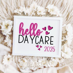 PRINTABLE Pink Preppy First Day of Daycare, Hello Daycare Sign, Back to Daycare Photo Prop, iPad Tablet Digital Sign, Instant Download