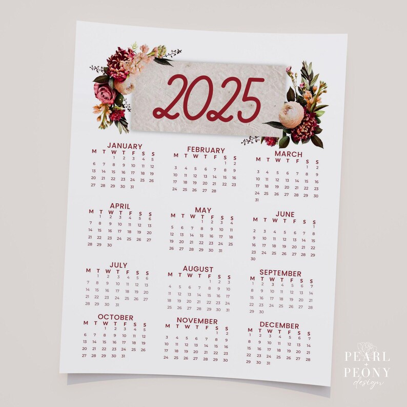 PRINTABLE 2025 Moody Floral Calendar, Cottagecore Home Office, Flower