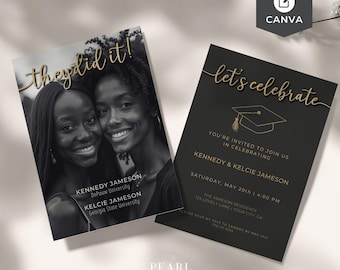 Plantilla de invitación para fiesta de graduación dual editable, gemelos unidos, varios graduados, tarjeta fotográfica personalizada minimalista moderna, escuela secundaria universitaria