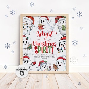 Könnte beinhalten: Ein druckbares Schild mit weißem Hintergrund und rotem Rand. Das Schild zeigt eine Cartoon-Illustration von Weihnachtsgeistern, die Weihnachtsmützen tragen und weihnachtliche Gegenstände halten. Der Text auf dem Schild lautet "Adoptiere einen Weihnachtsgeist! Wähle einen Geist für dein eigenes Zuhause, um ein frohes Weihnachtsfest zu haben!"