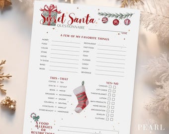 May include: A printable Secret Santa questionnaire with a red and white stocking illustration. The questionnaire asks for favorite things, including food, color, store, movie, and more. It also includes a section for "This or That" and "Yes or No" questions.