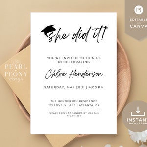 She Did It Graduation Invitation Template | Printable Graduation Party Invitation | Editable Graduation Party Invitation Download | Canva