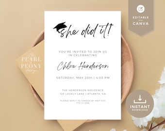 She Did It Graduation Invitation Template | Printable Graduation Party Invitation | Editable Graduation Party Invitation Download | Canva
