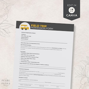 Modelo de formulário de permissão para excursão EDITÁVEL, isenção de aluno de creche escolar, consentimento dos pais e responsáveis, comprovante de saúde, carta dos EUA e tamanho A4 CANVA