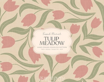 Hand-Drawn Rose Pink Tulip Tossed Pattern JPG, Sage Green Leaves on Warm Beige Linen, Tulip Meadow